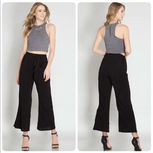 Black Pinstripe Tie Waist Wide Leg Pants